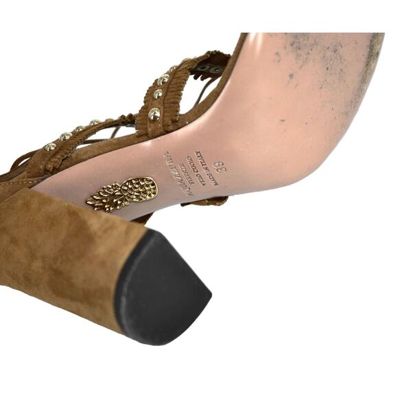 D0 Auth AQUAZZURA FIRENZE Tulum Fringed Cognac Suede Hi Heel Sandals Sz 39 $930 - Picture 7 of 8